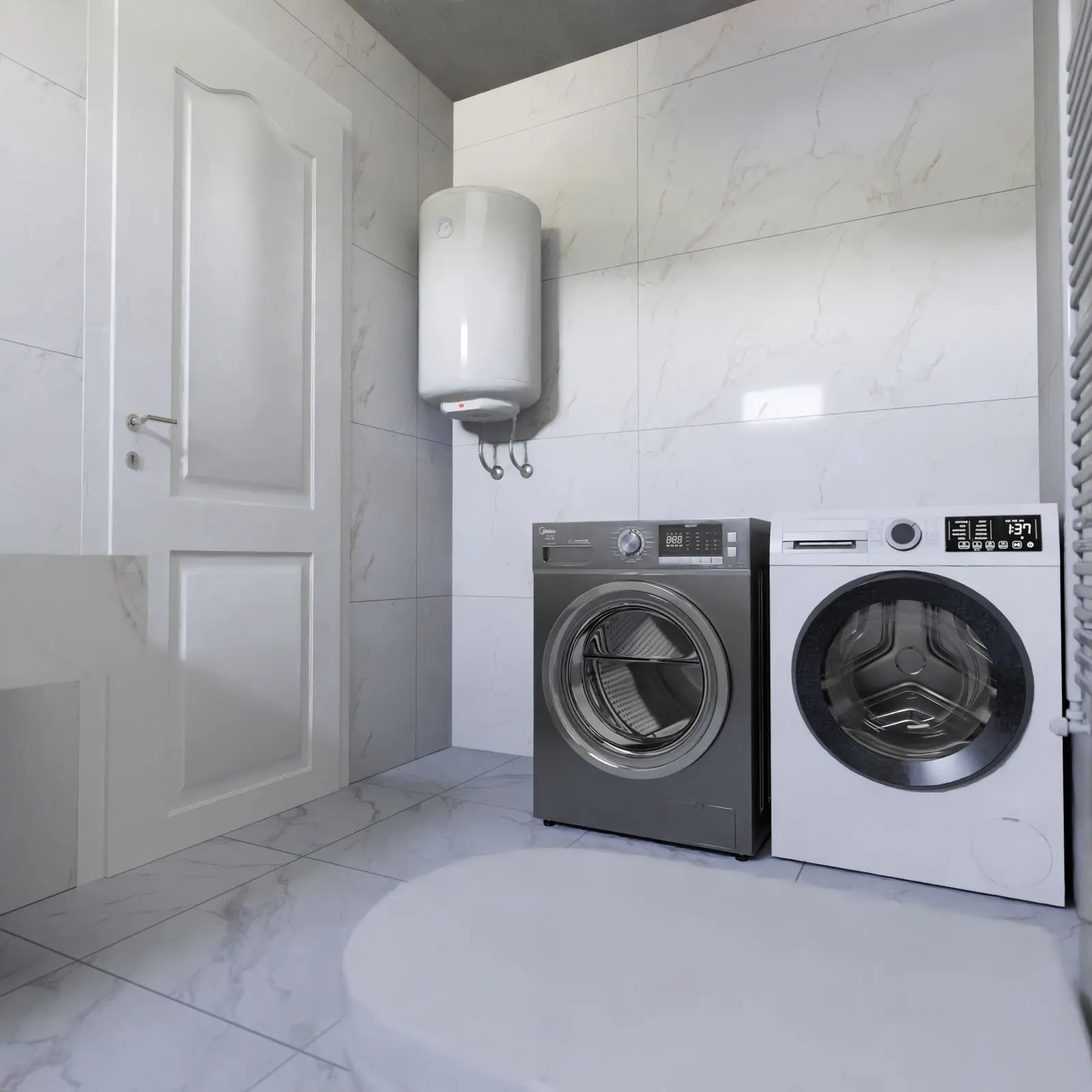 Wall-mounted electric water heater above a washer and dryer
